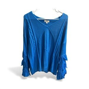 Umgee Blue Sweater with Fringe Sleeves